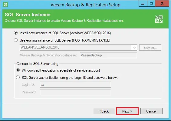 veeam sql server instance database