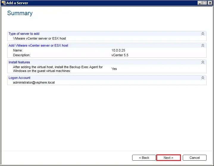 Add vCenter Backup Exec, Add vCenter Servers to the List of Servers in Backup Exec v20.3