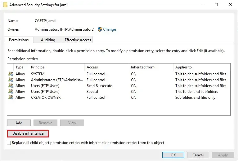 virtual directory disable inheritance