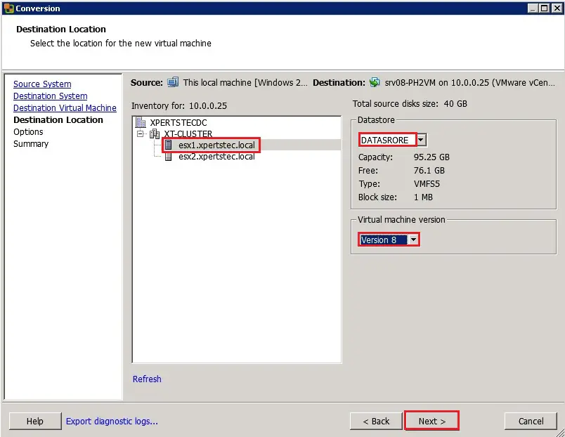 vmware converter physical to virtual destination