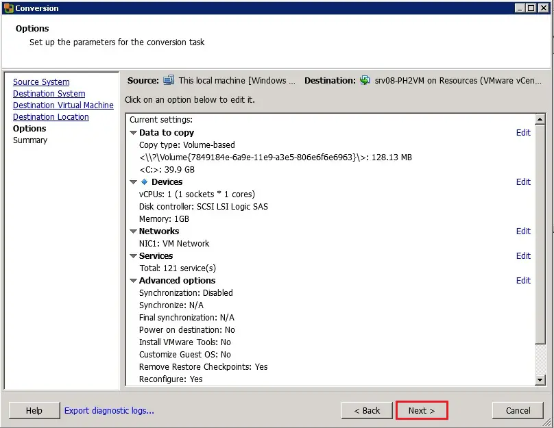 vmware converter physical to virtual options