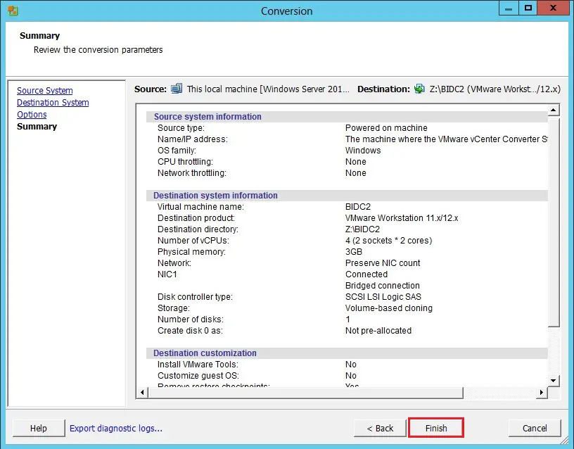 vmware converter workstation summary