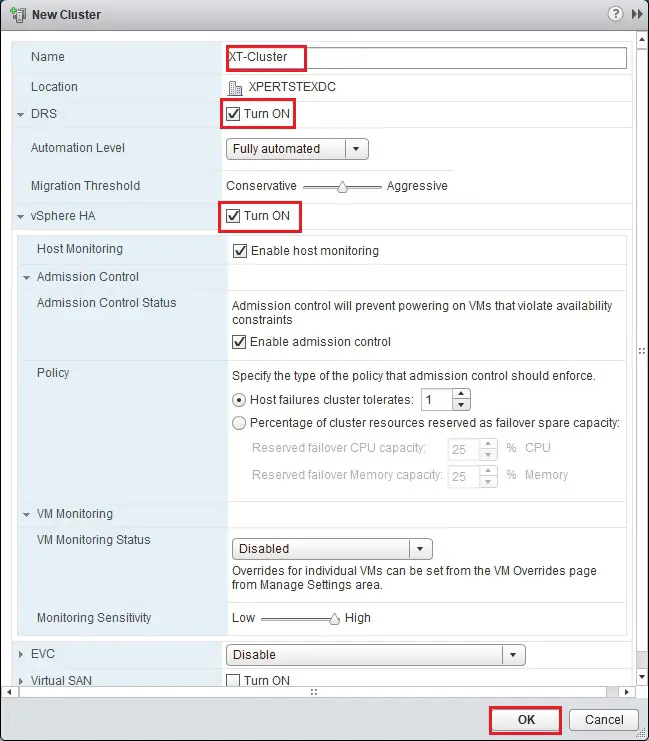 web client configure new Datacenter HA/DRS Cluster name