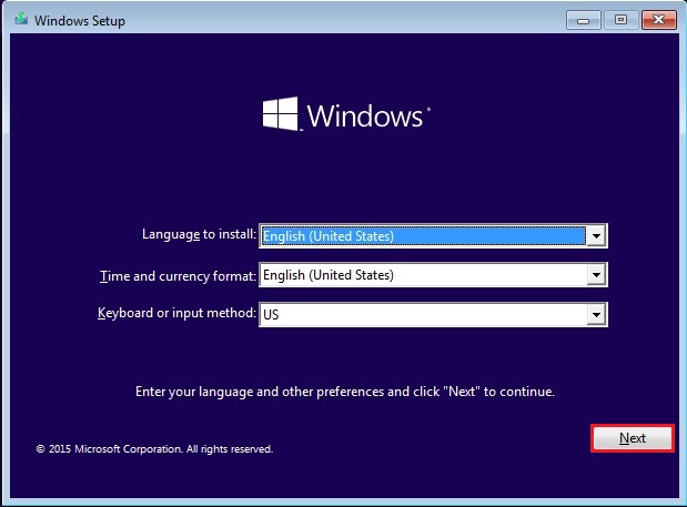 windows 10 setup language to install