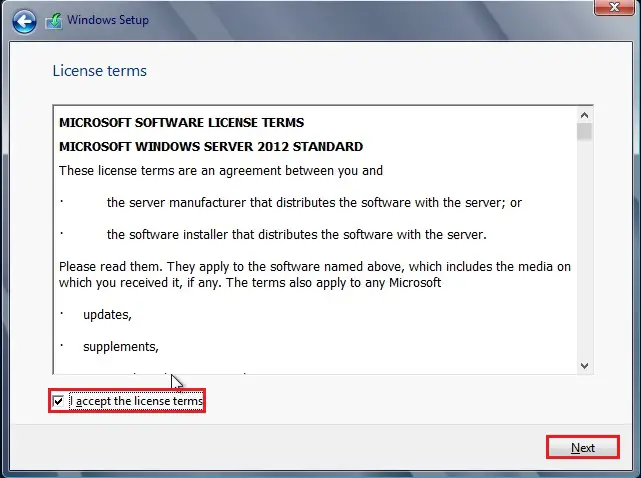 windows server 2012 setup license terms