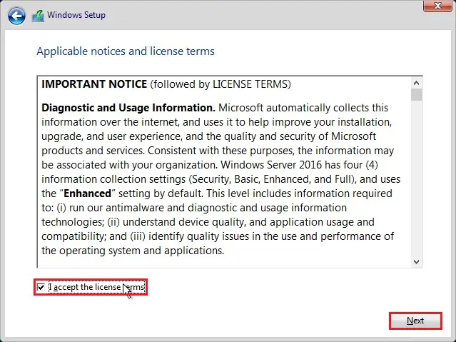 windows server 2016 setup license terms