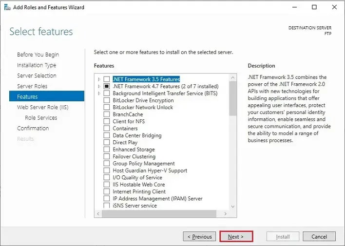 windows server features