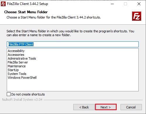 filezilla client start menu