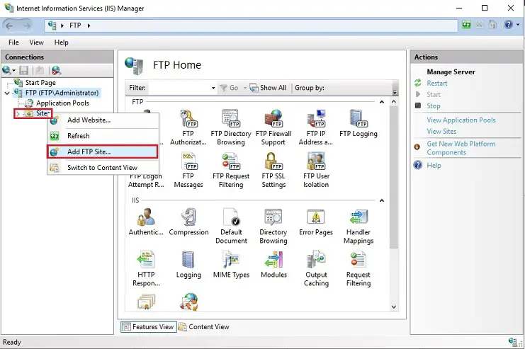 iis manager add ftp site