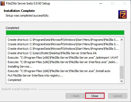 filezilla ftp server installation complete