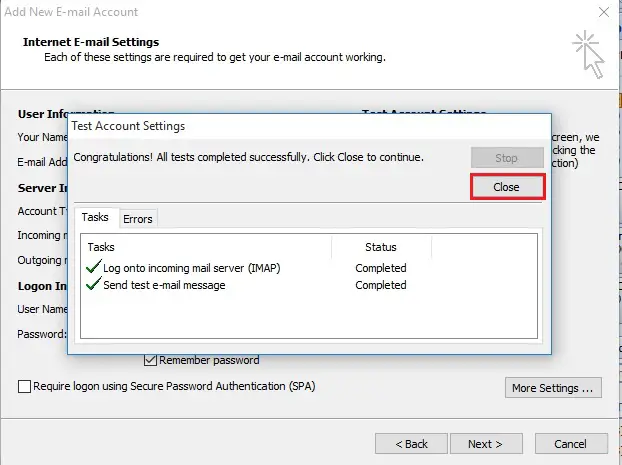 outlook test account settings successfull