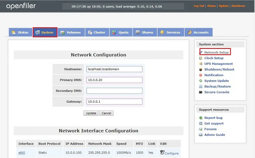 configure openfiler network setup