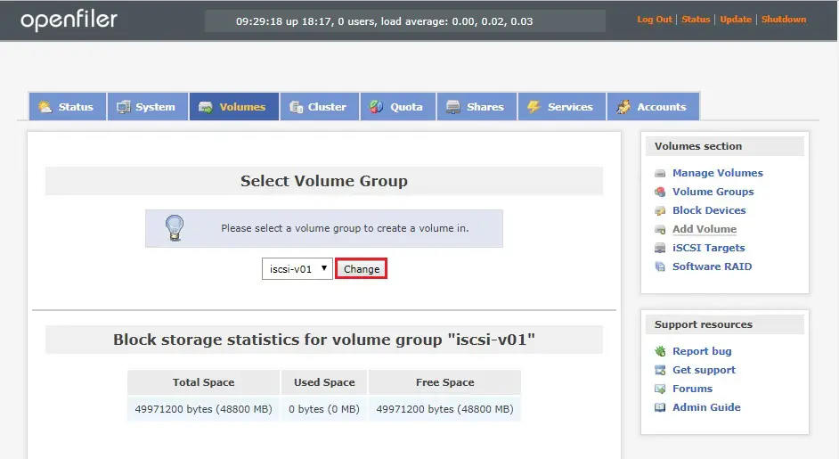 openfiler select volume group