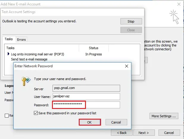 outlook gmail username and password
