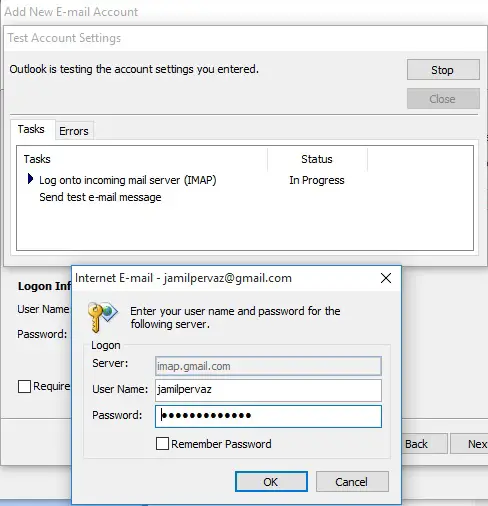 outlook gmail username and password