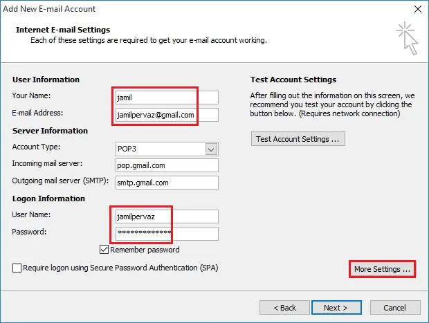 gmail account settings for outlook 2007 pop3