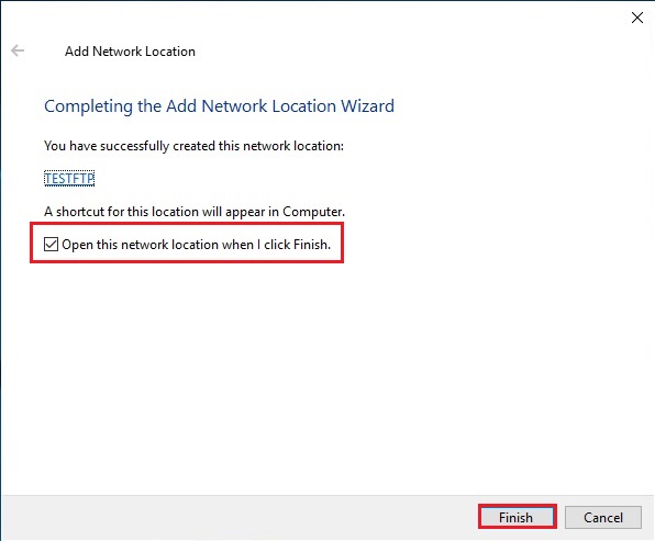 FTP Server successfully created network location
