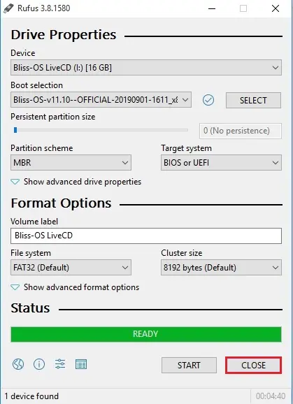 Android Bliss Bootable USB rufus drive properties