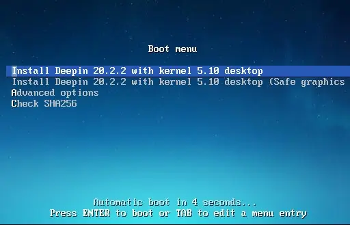 Deepin Linux boot menu