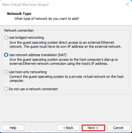 Network connection virtual machine wizard