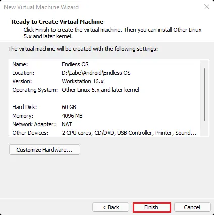 Ready to create virtual machine