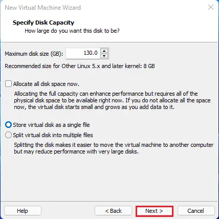 Specify disk capacity virtual machine