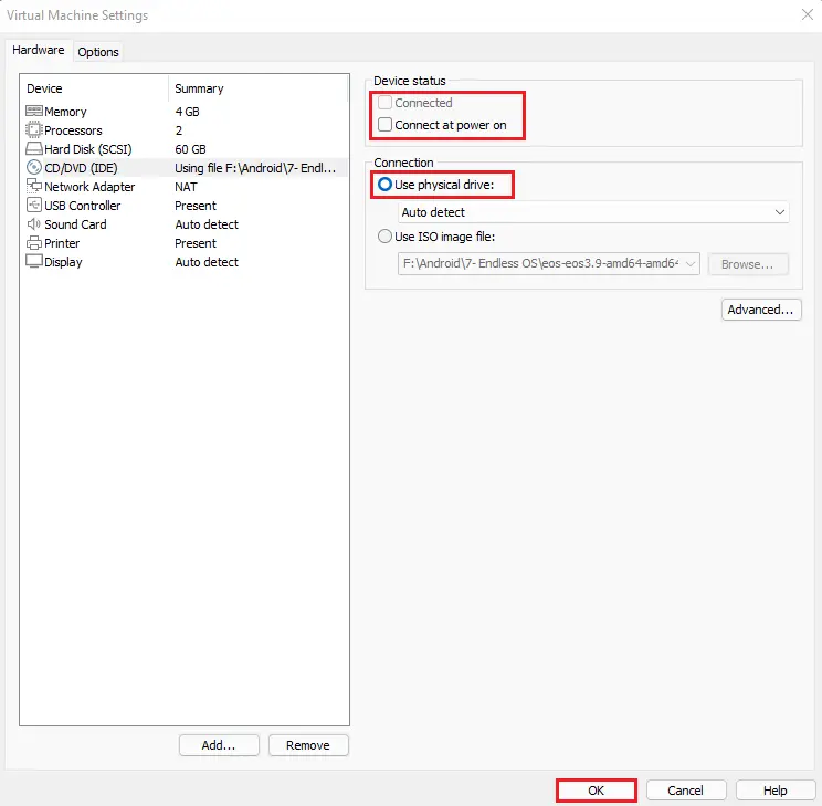 VMware workstation device status