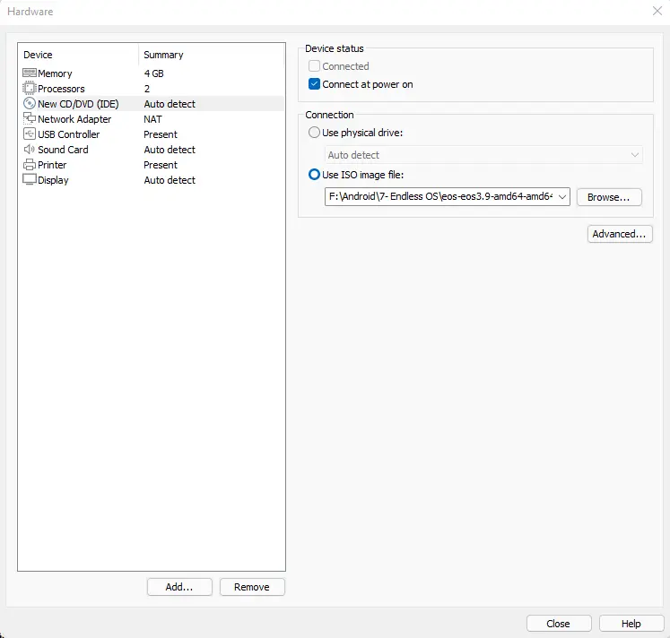 Virtual machine settings device status