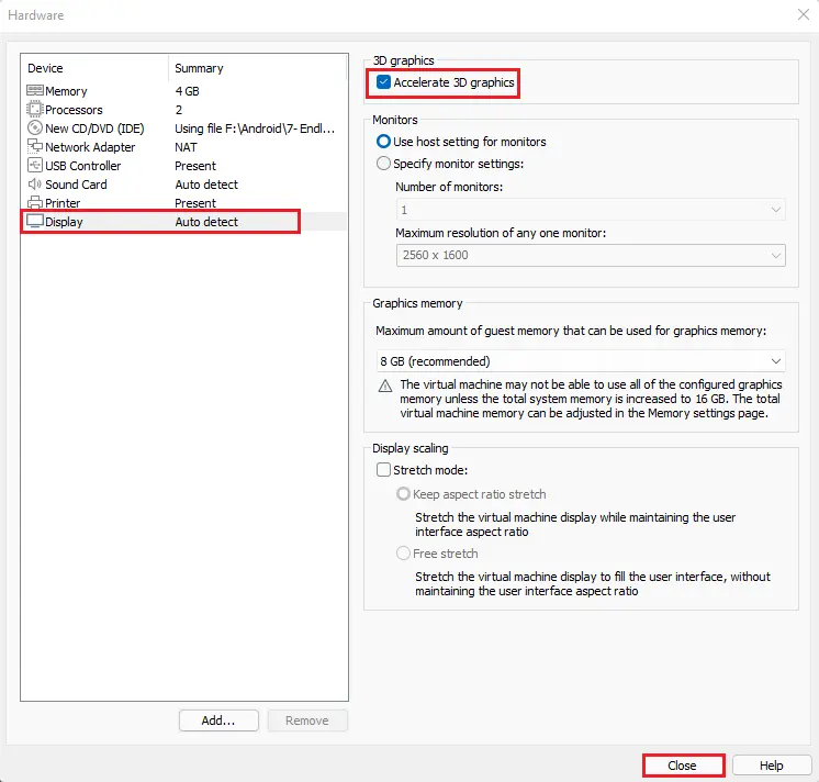 Virtual machine settings display