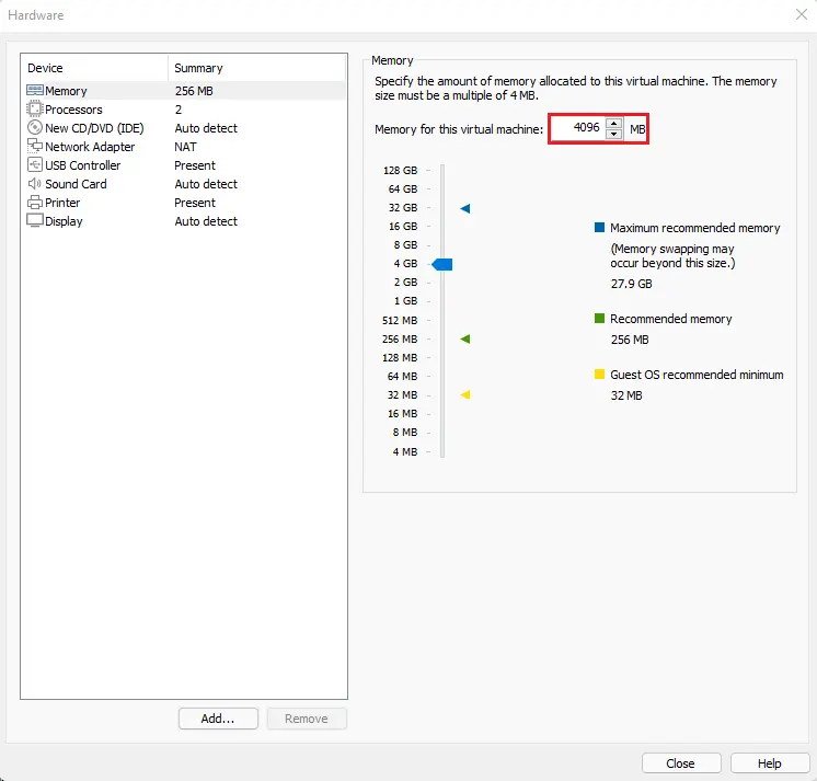 Virtual machine settings memory