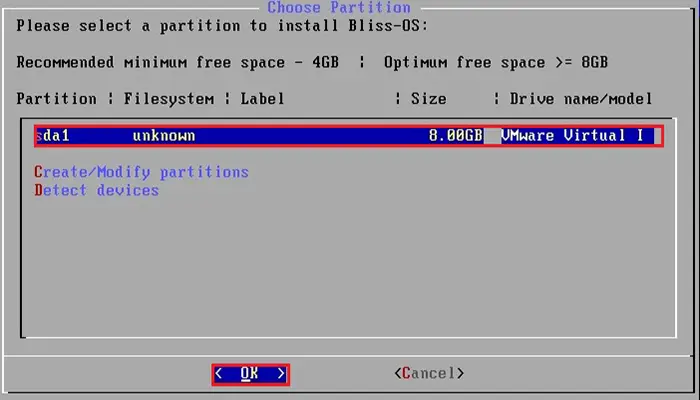 install bliss os choose partition