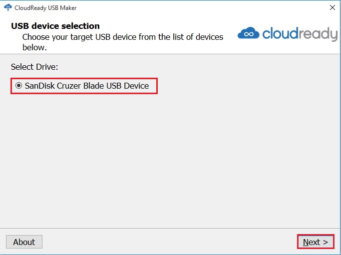 cloudready usb maker device selection