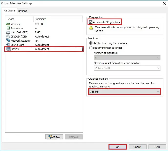 edit virtual machine settings display