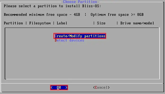 install bliss choose partition