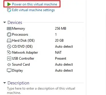 power on this virtual machine