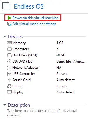 power on this virtual machine