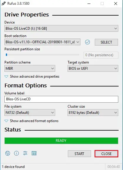 Android Bliss Bootable USB rufus drive properties