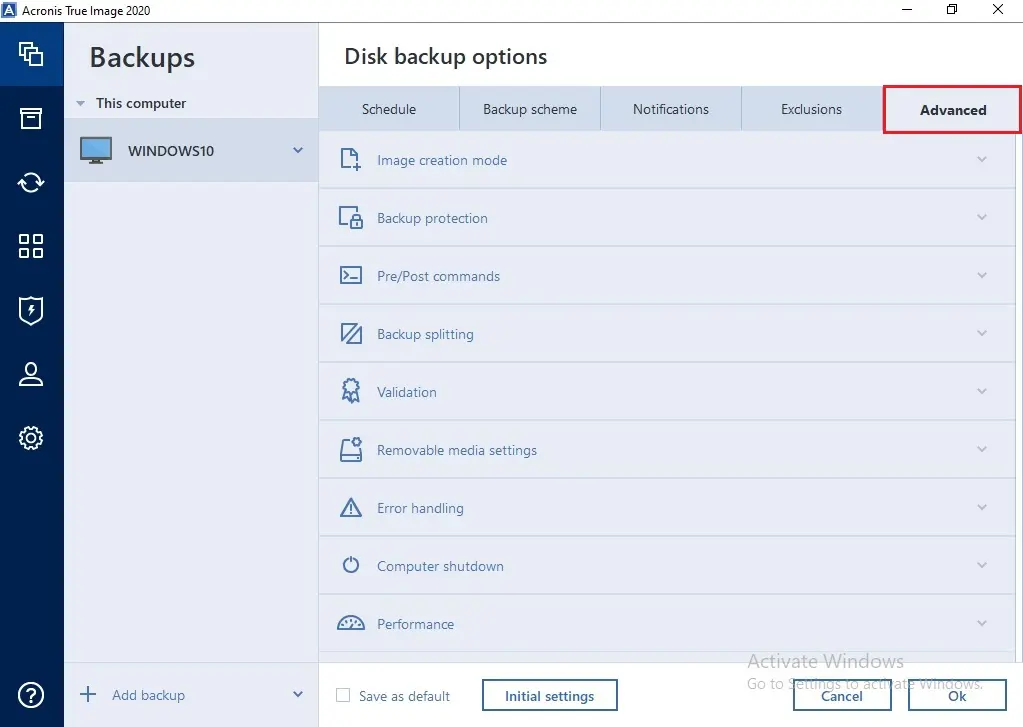 acronis advanced options