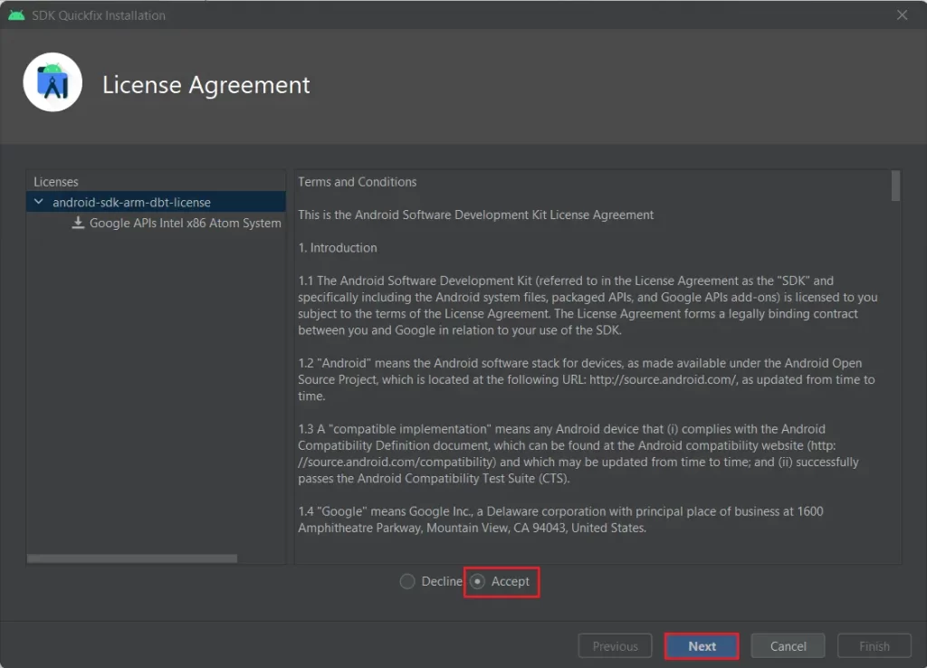 Android studio license agreement