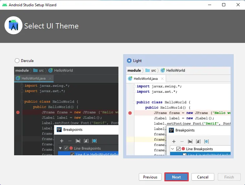 Android studio select UI theme