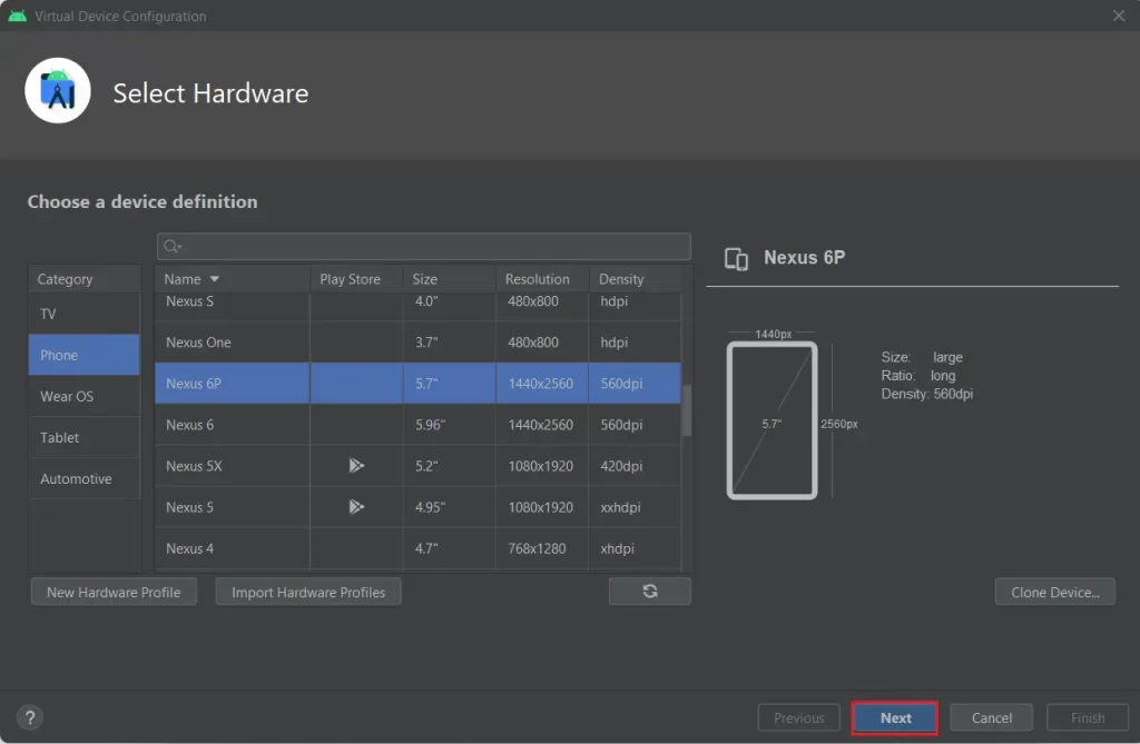 Android studio select hardware