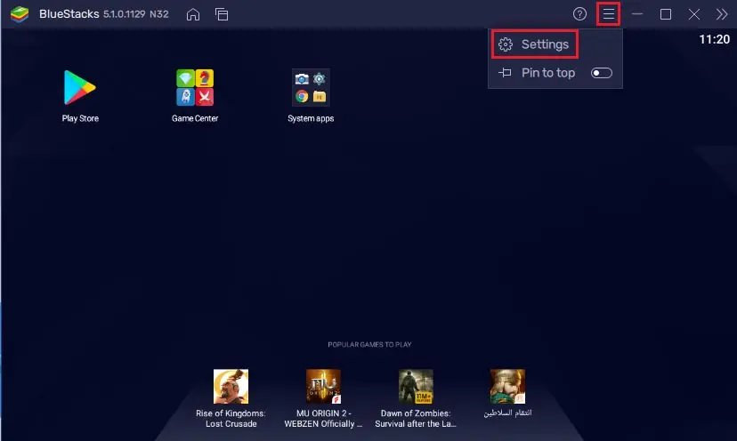 BlueStacks menu button