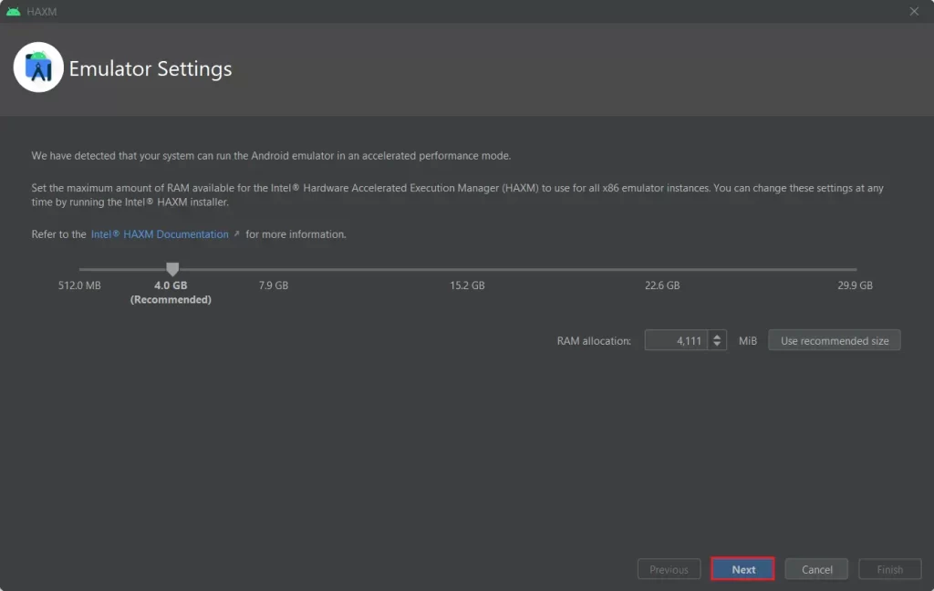 HAXM emulator settings ram