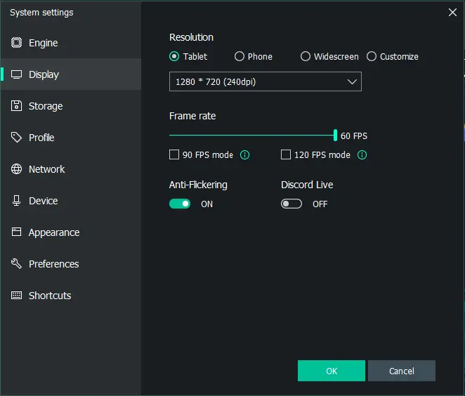 Memu system setting display