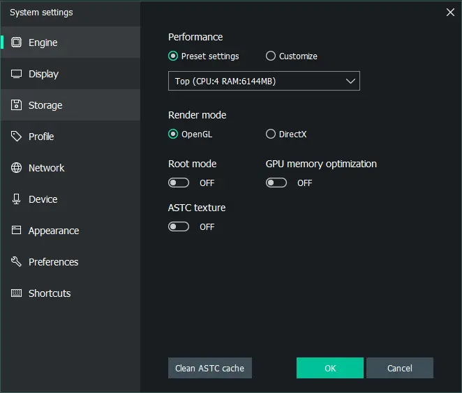 Memu system setting performance