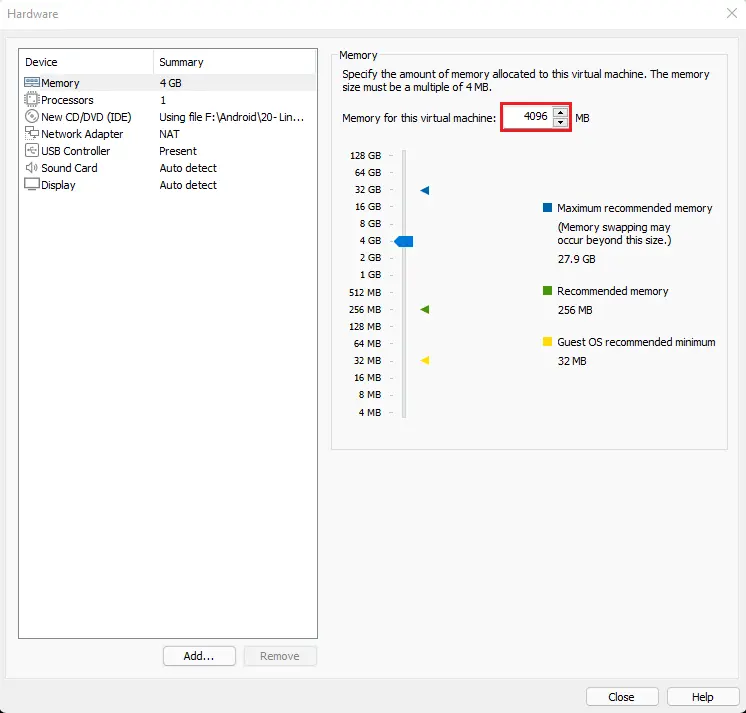 Virtual Machine settings memory