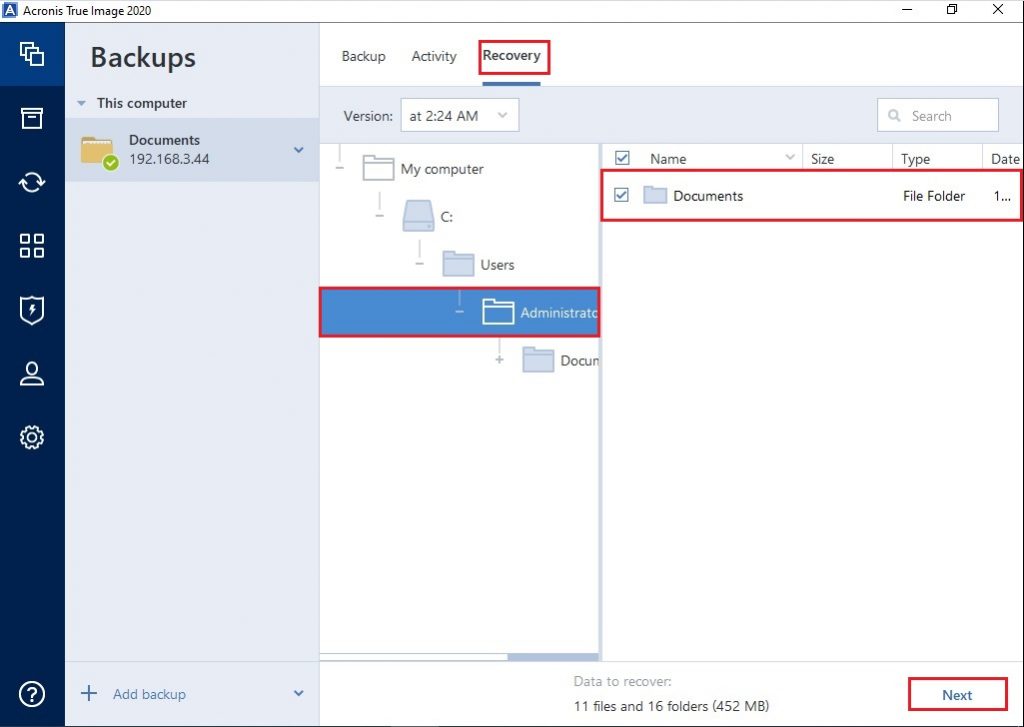 restore files and folder acronis 2020 add existing backup