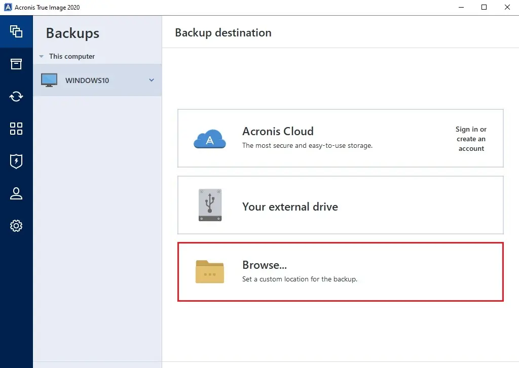 acronis 2020 backup destination