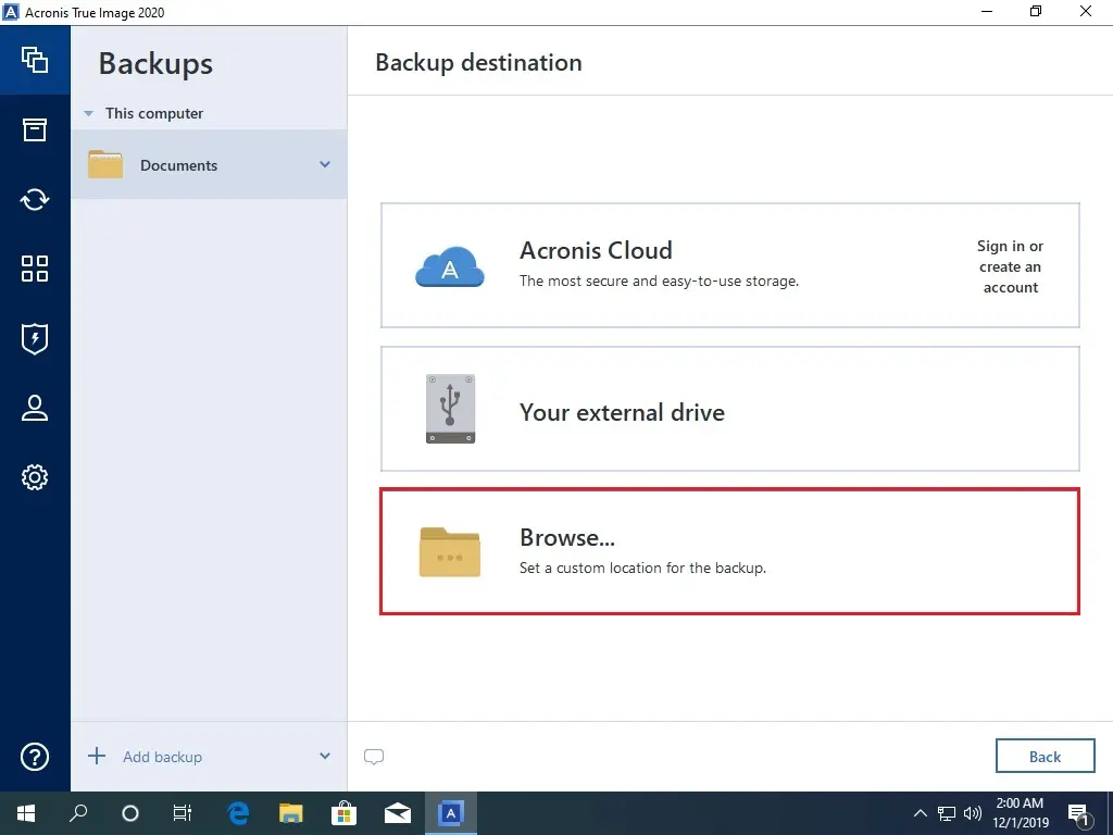 acronis 2020 backup destination