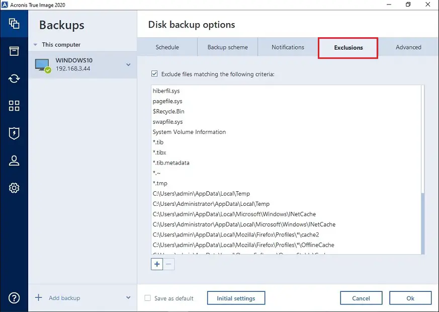 acronis 2020 backup exclusions